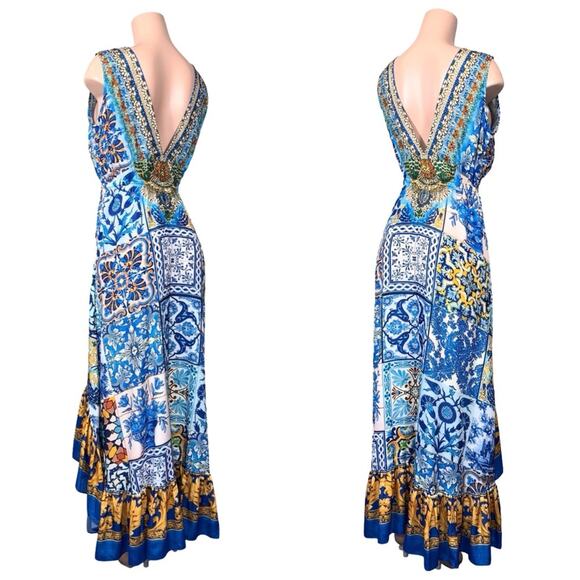 NWOT Shahida Paradies HIGH LOW RUFFLE BLUE DRESS SZ M/L $449 - Picture 7 of 13